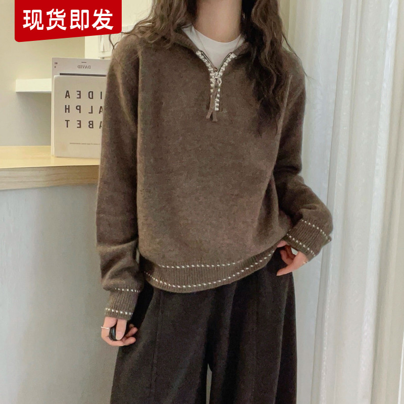 复古连帽耗牛绒针织衫女欧货上衣