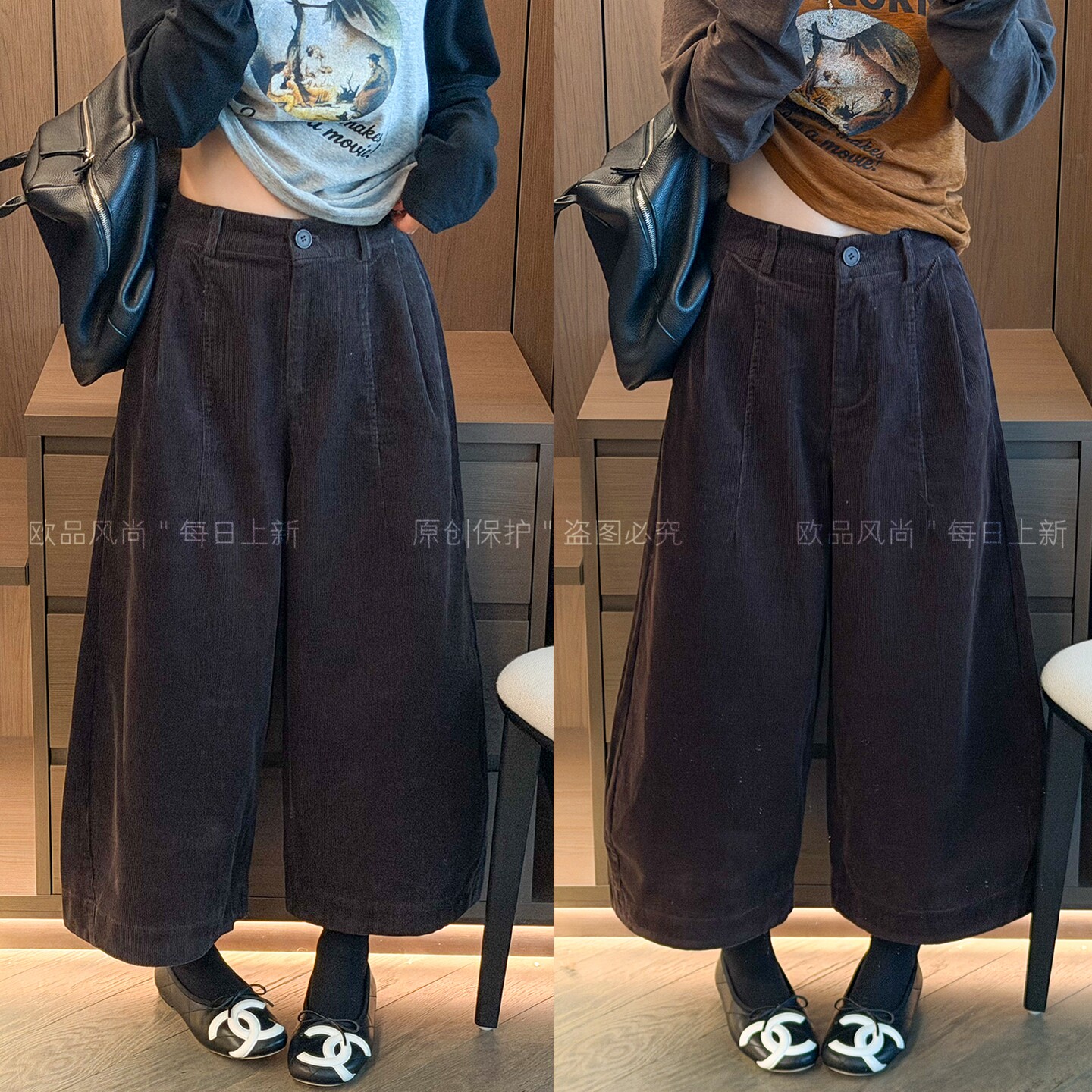 灯芯绒九分弯刀阔腿裤女欧货裤子