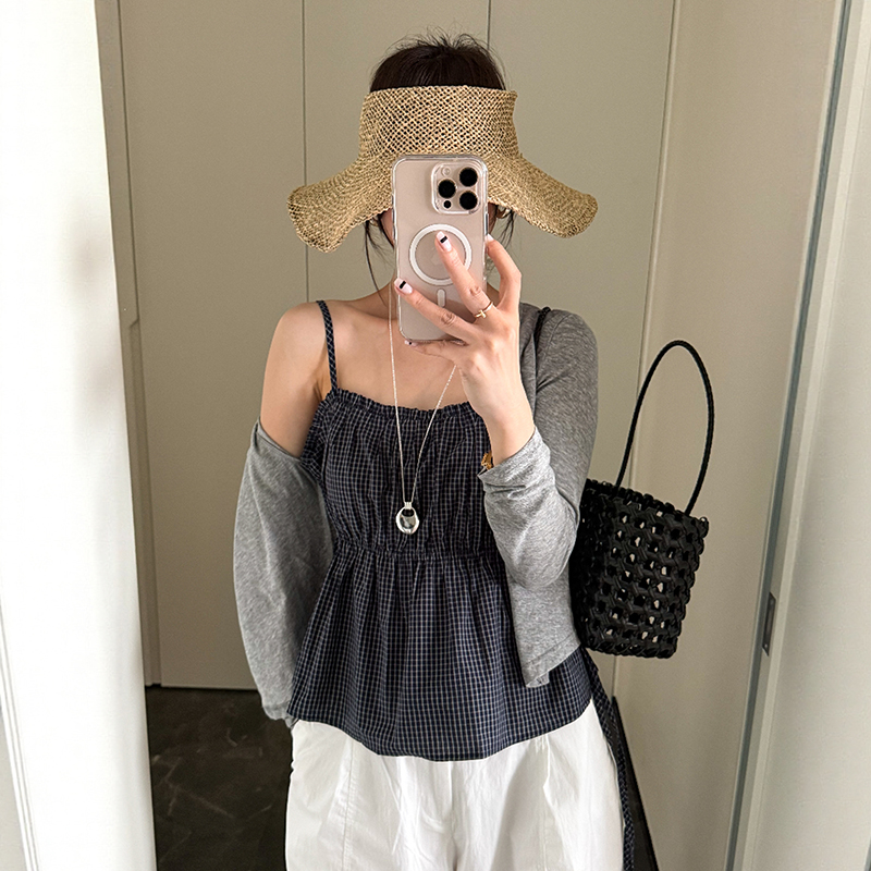 天丝开衫格子吊带背心两件套上衣女欧洲站2025夏装新款欧货女装潮