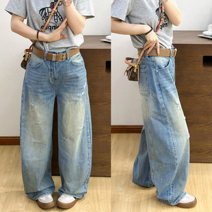 老爹裤 复古破洞弯刀阔腿牛仔裤 欧货女装 新款 子潮 女欧洲站2026春装