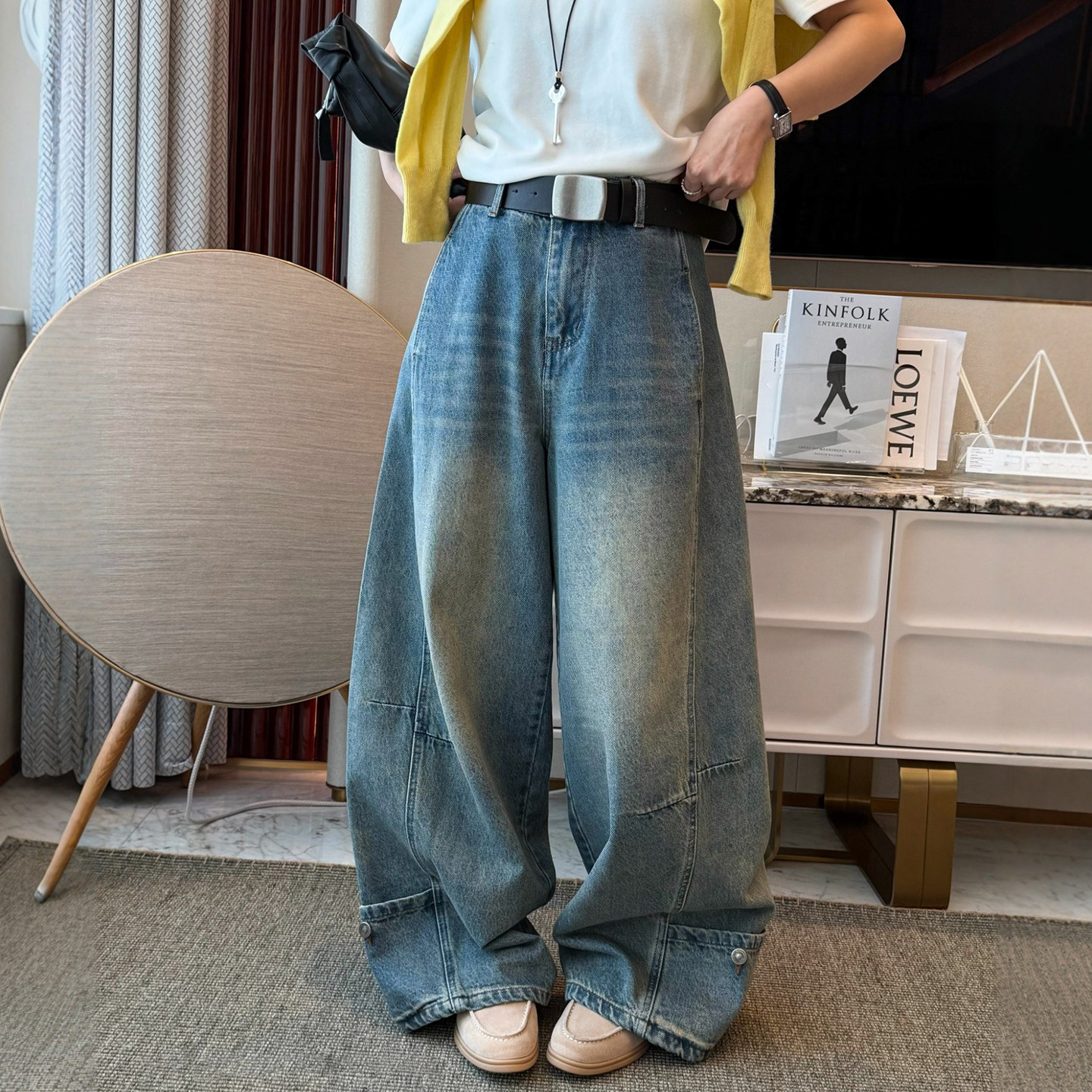 口袋拼接拖地阔腿牛仔裤女欧洲站2026春装新款欧货女装直筒裤子潮