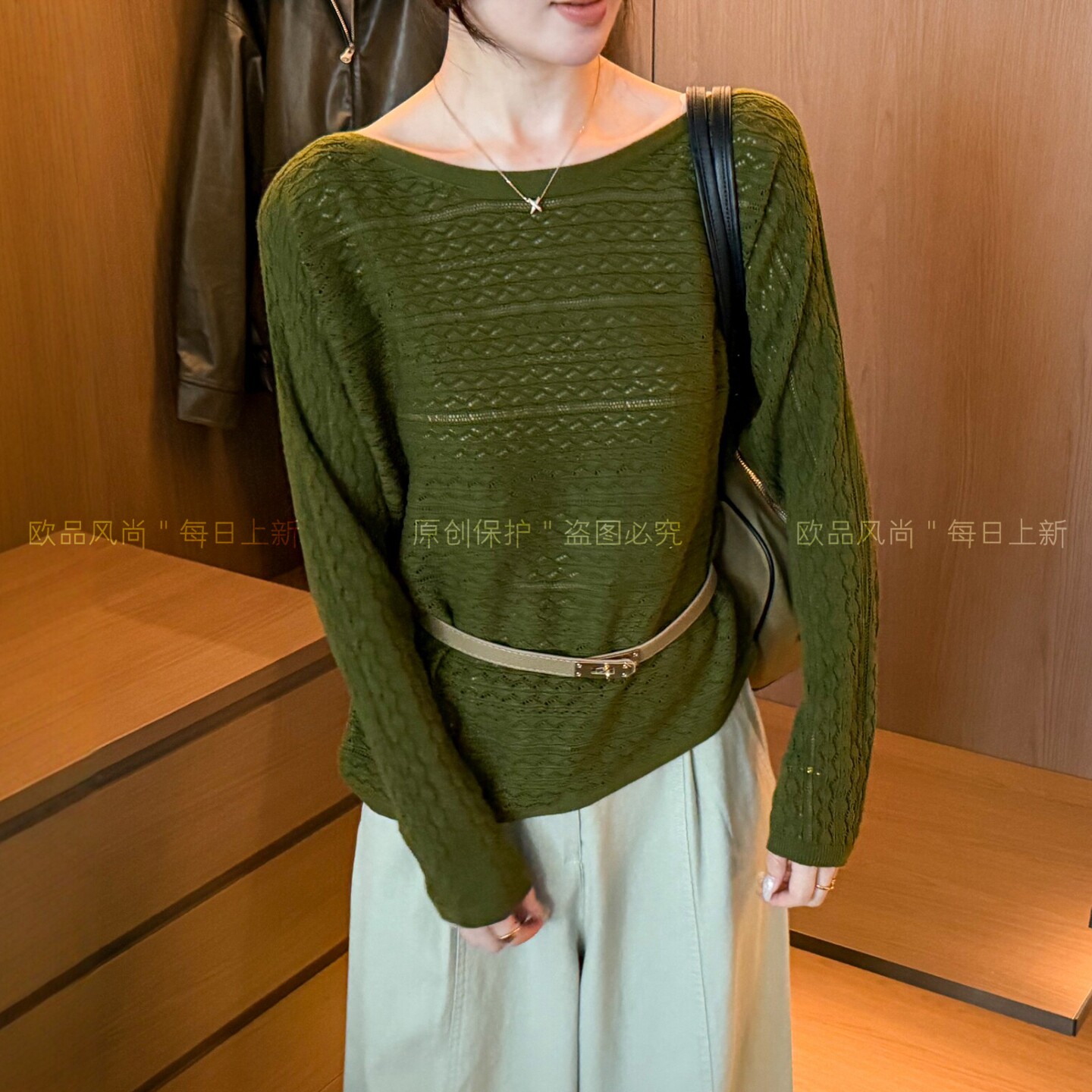 一字领绵羊毛桑蚕丝针织衫女欧货