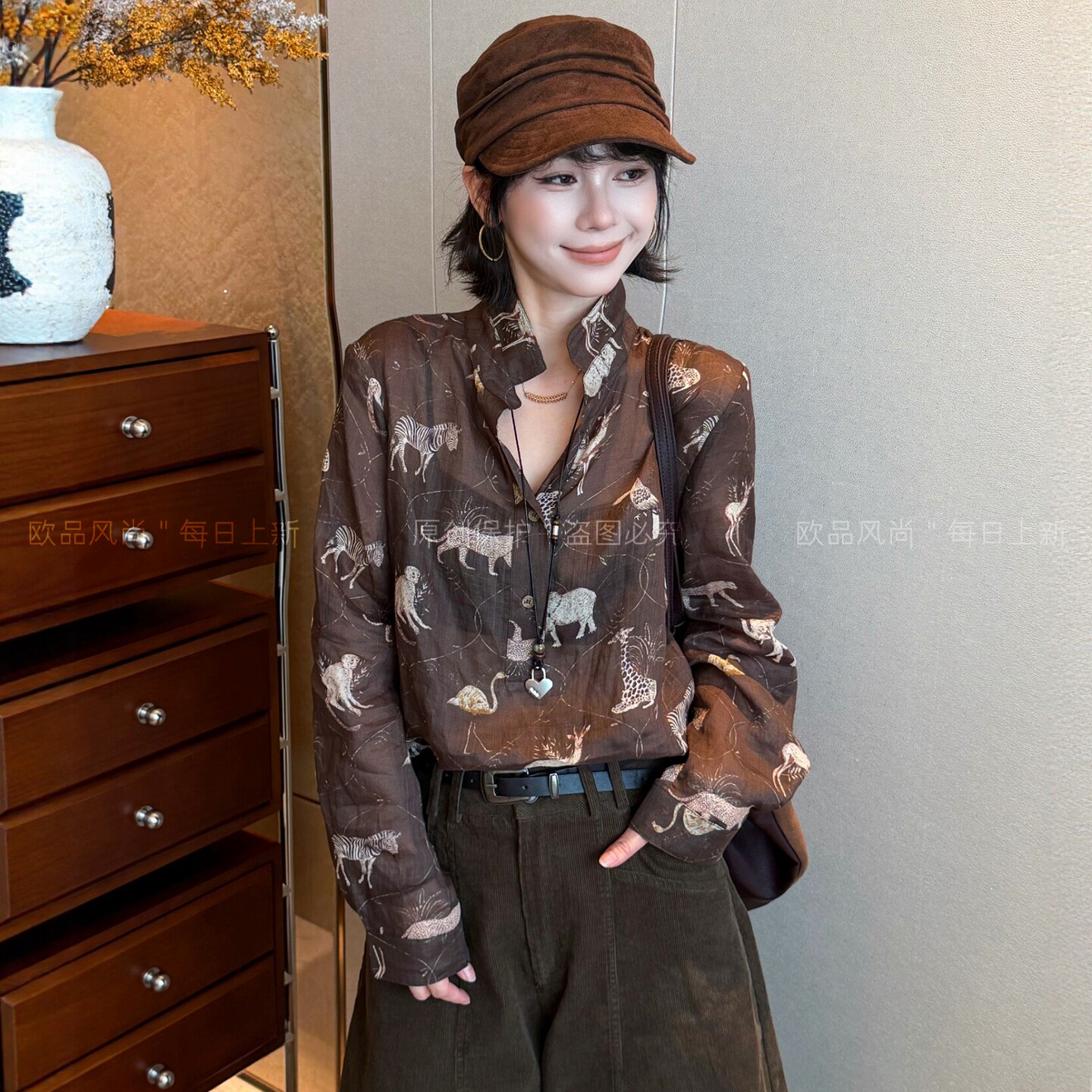 苎麻POLO领动物印花衬衫女欧洲站