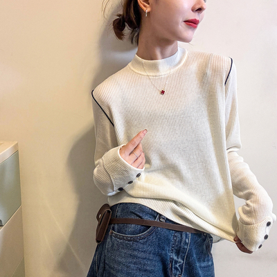 小半高领拼接羊毛针织衫女欧洲站
