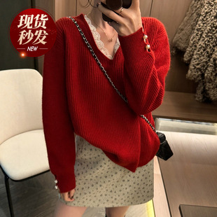 欧货女装 新款 打底毛衣潮 女欧洲站2025冬装 蕾丝拼接V领羊毛针织衫