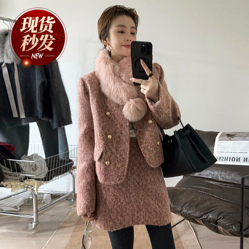 小香风配毛领羽绒服半身裙两件套套装女欧洲站2025冬装新款欧货潮