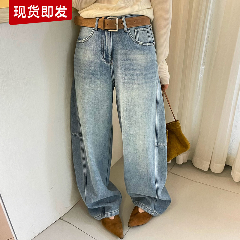 复古加厚加绒阔腿牛仔裤女欧洲站