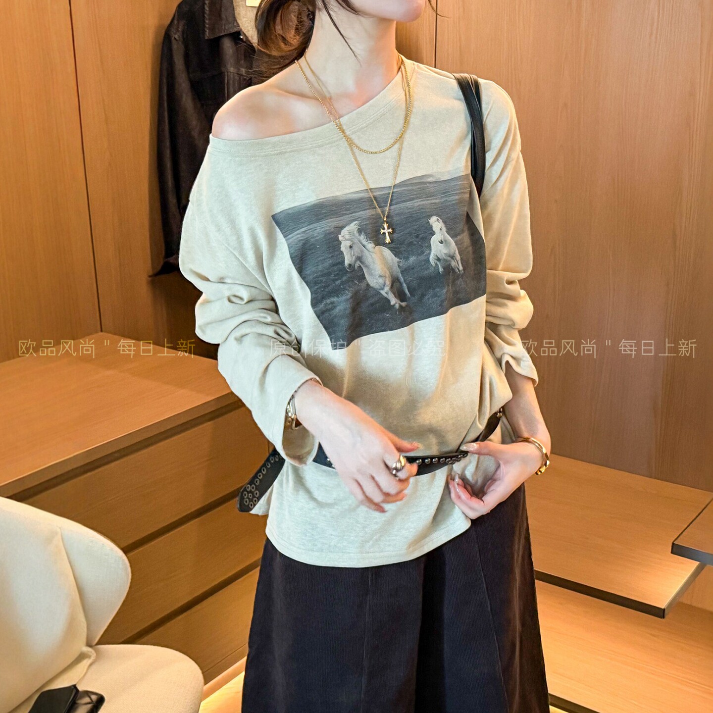 复古印花一字肩长袖T恤女欧洲站