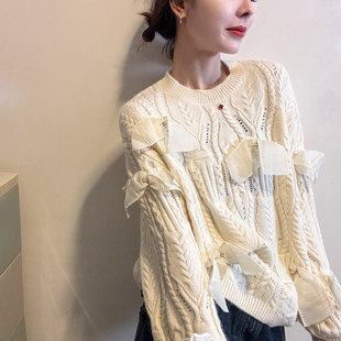 时尚 蝴蝶结麻花纹羊毛针织衫 欧货女装 新款 毛衣潮 女欧洲站2025冬装