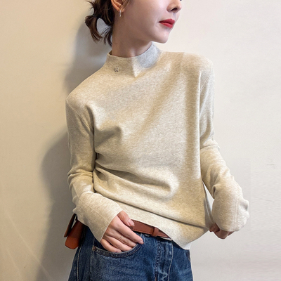 金属标半高领细羊毛针织衫女欧货