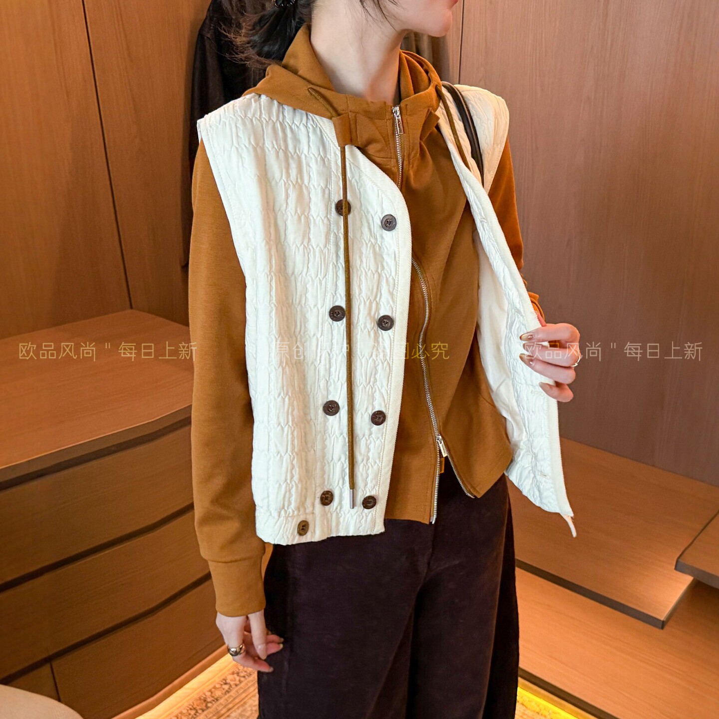 复古压格棒球领马甲外套女欧洲站