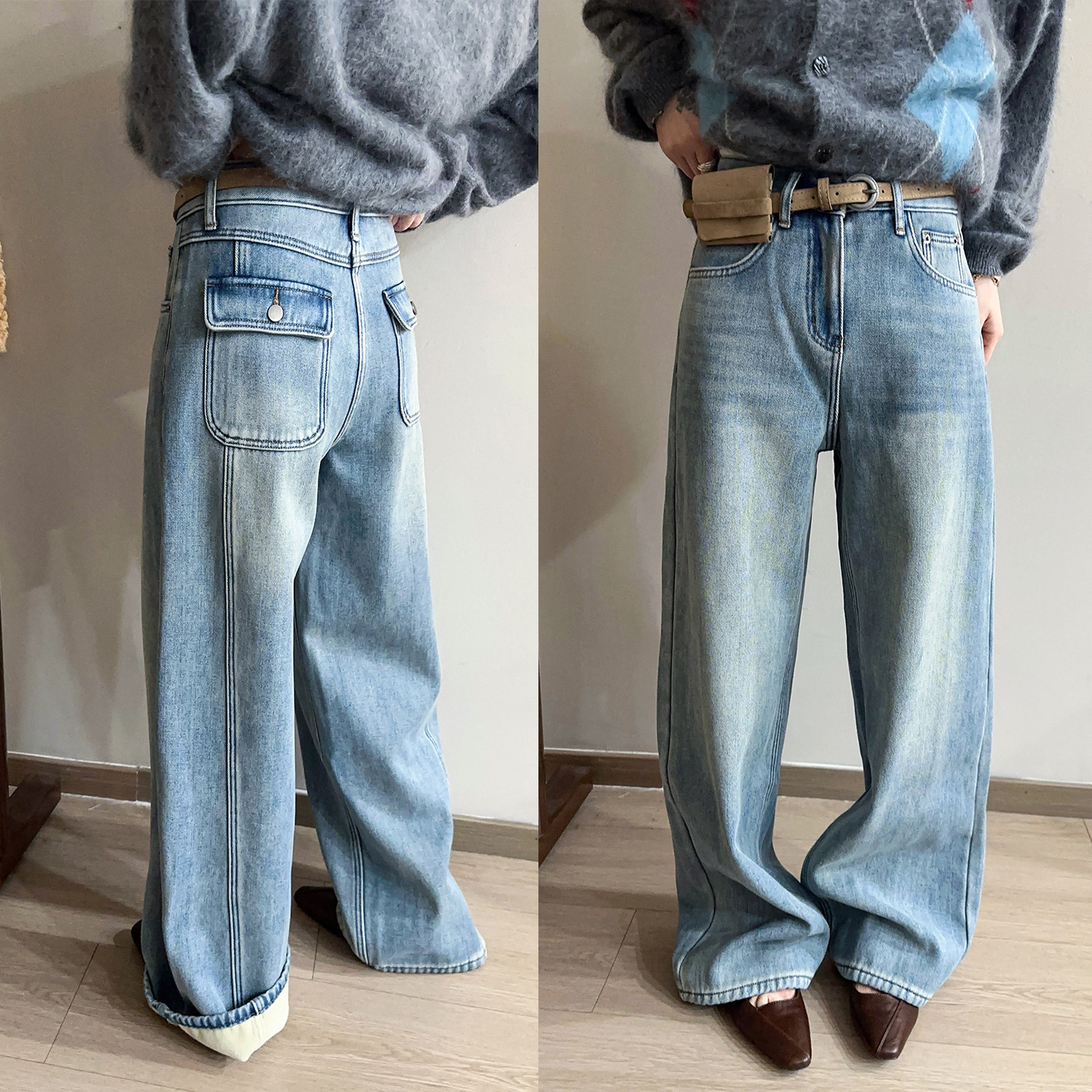 配腰包加绒弯刀阔腿牛仔裤女欧洲站2025冬装新款欧货女装直筒裤潮,女装/女士精品,牛仔裤,淘宝优惠券,粉丝福利购,淘宝优惠卷