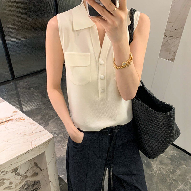 双口袋翻领冰丝针织衫女欧洲站2025夏装新款欧货女装无袖打底衫潮