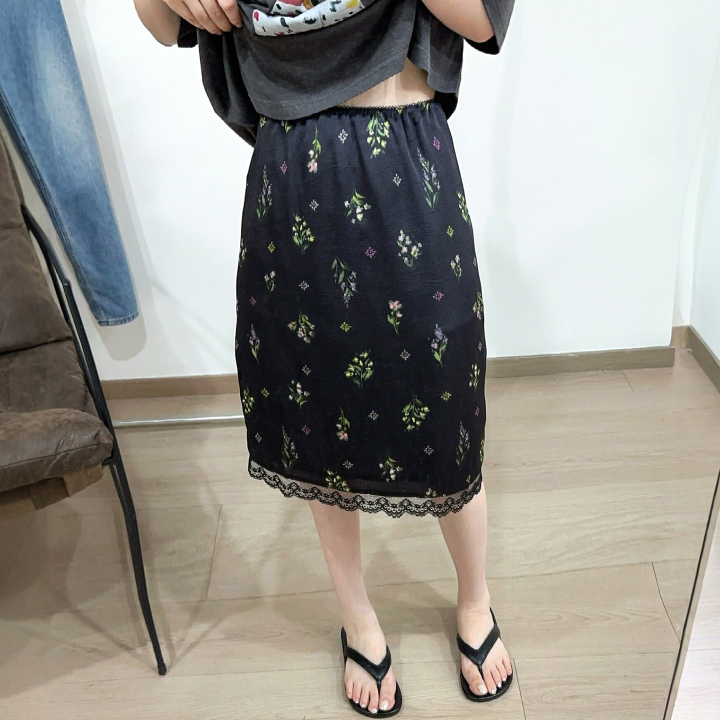 蕾丝拼接印花A字半身裙女欧洲站
