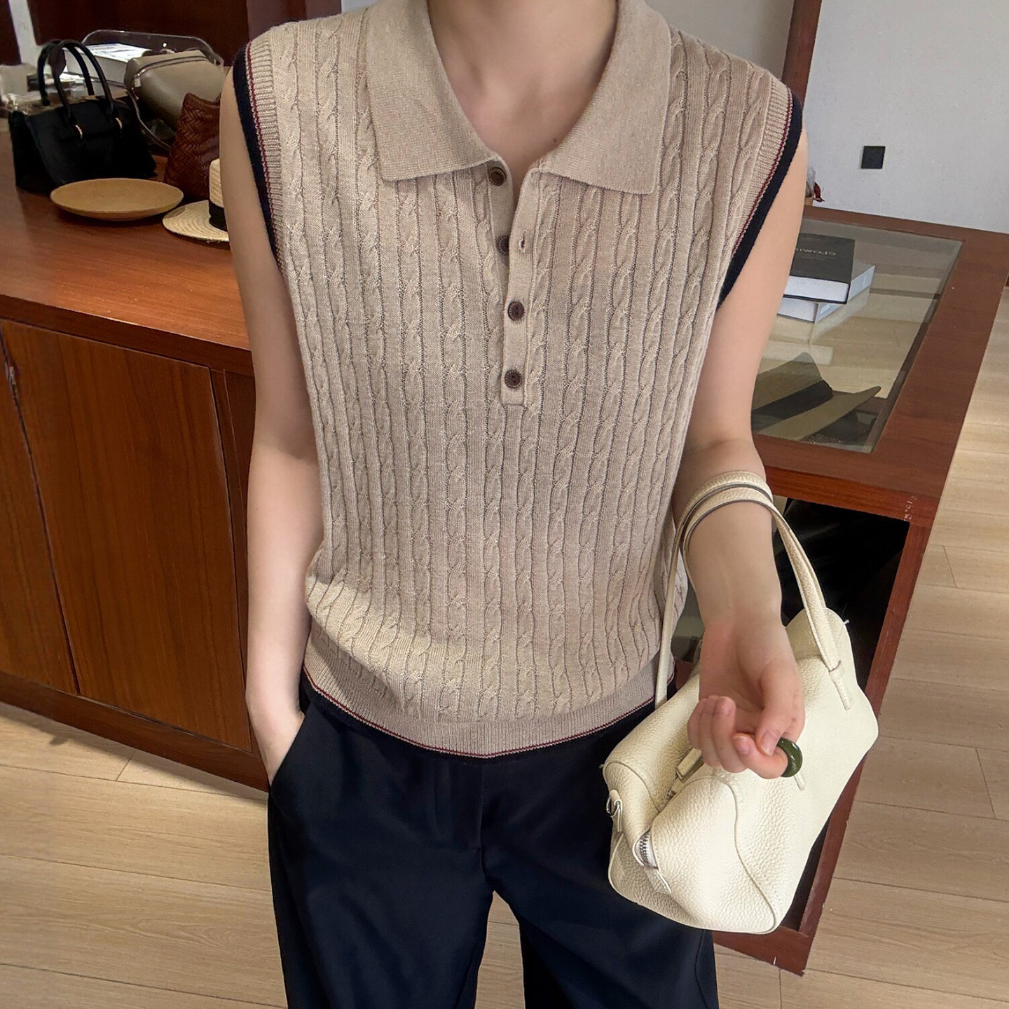 POLO领麻花纹羊毛针织衫女欧洲站