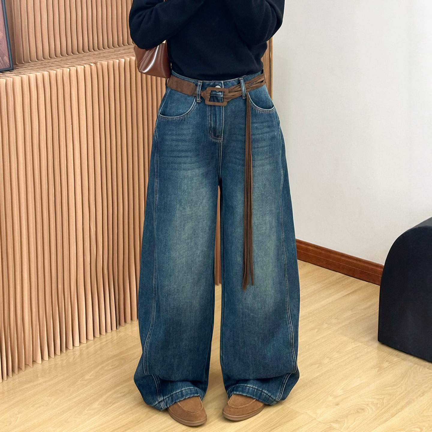 流苏腰带弯刀加绒牛仔裤女欧洲站