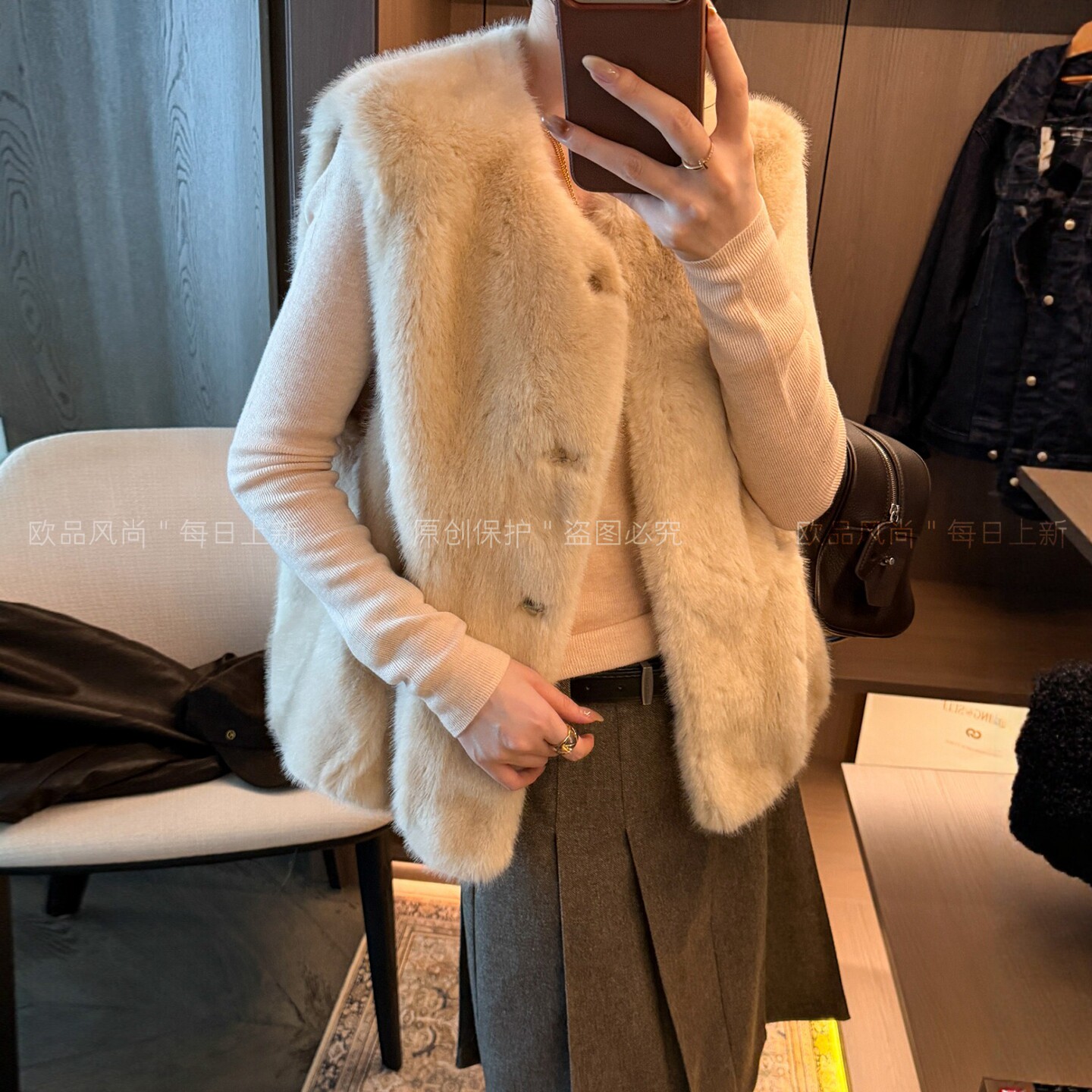 复古圆领羊羔毛马甲外套女欧洲站