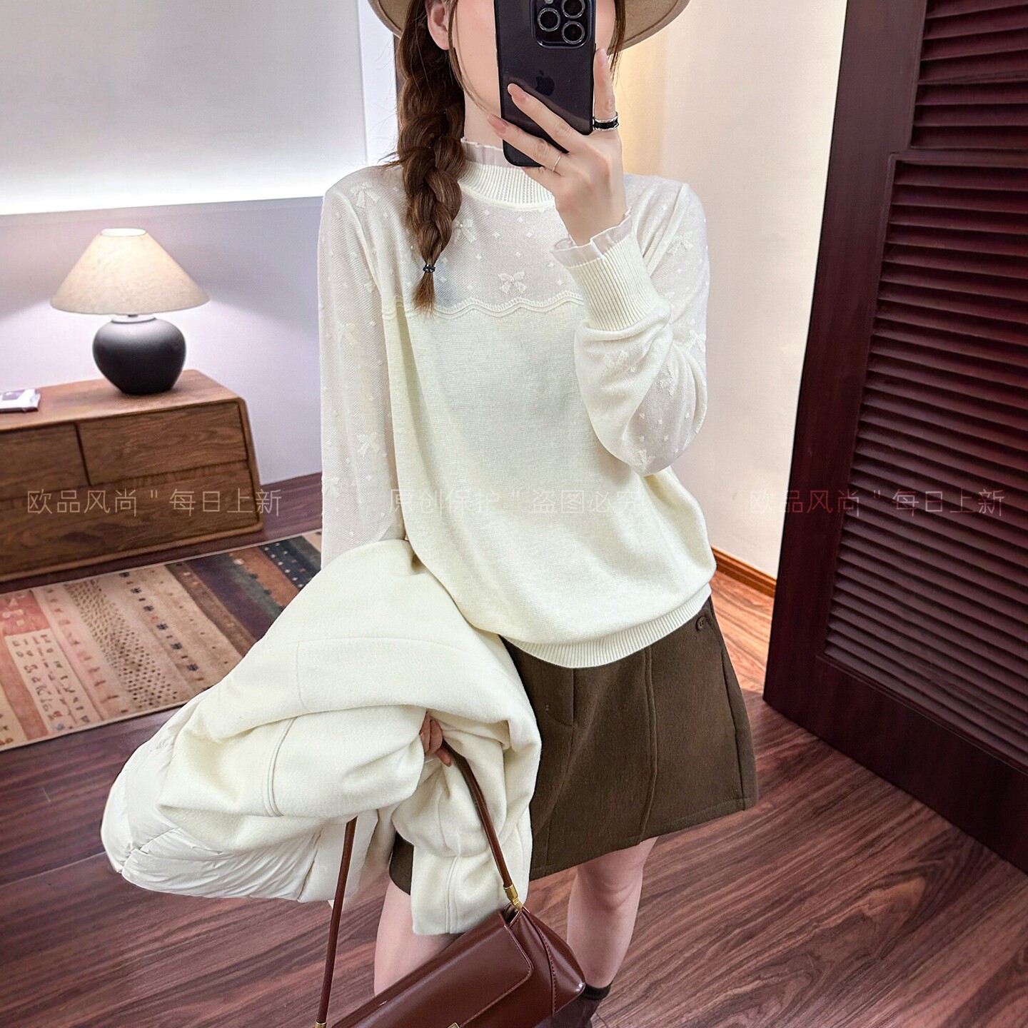 假两件网纱钉珠羊绒针织衫女欧货