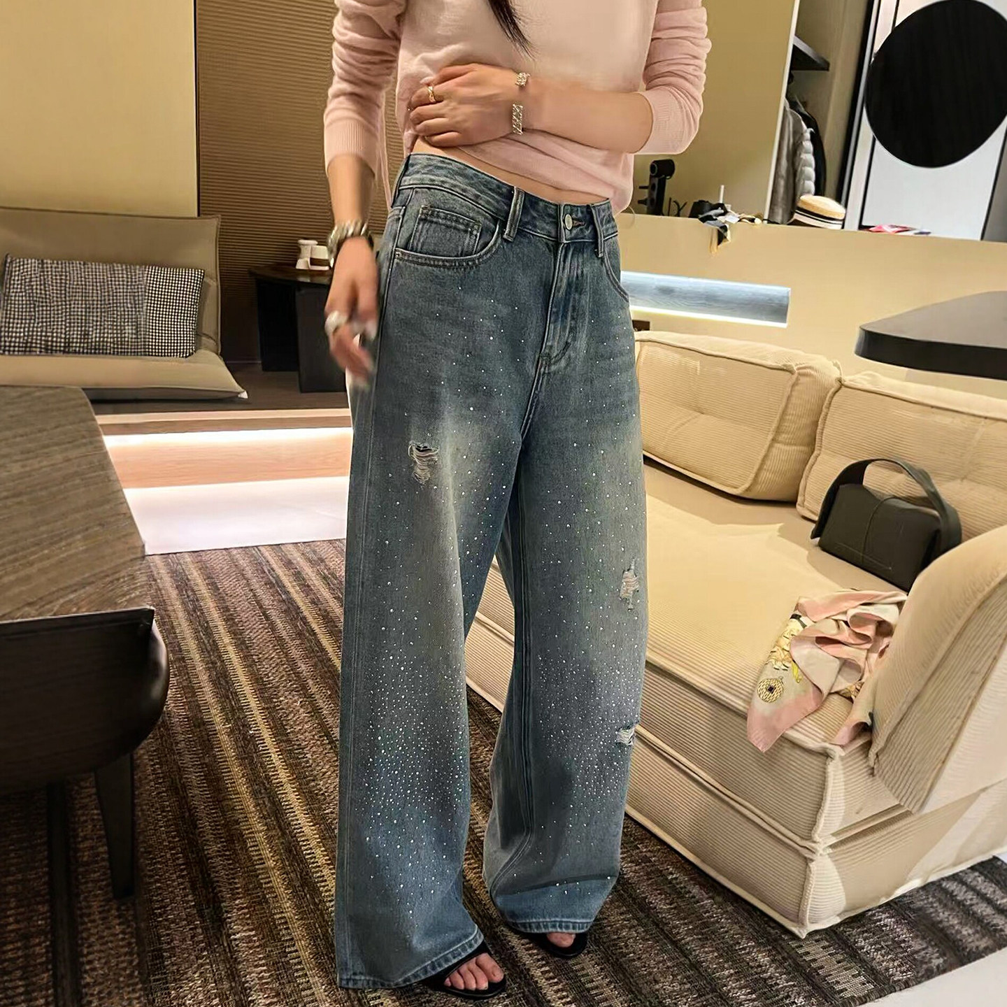 重工烫钻破洞阔腿牛仔裤女欧洲站2026春装新款欧货女装直筒裤子潮