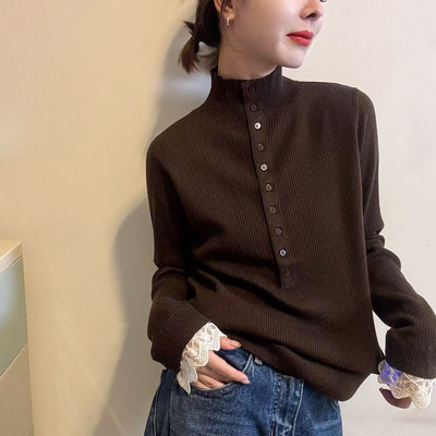 袖口蕾丝高领羊毛针织衫女欧洲站