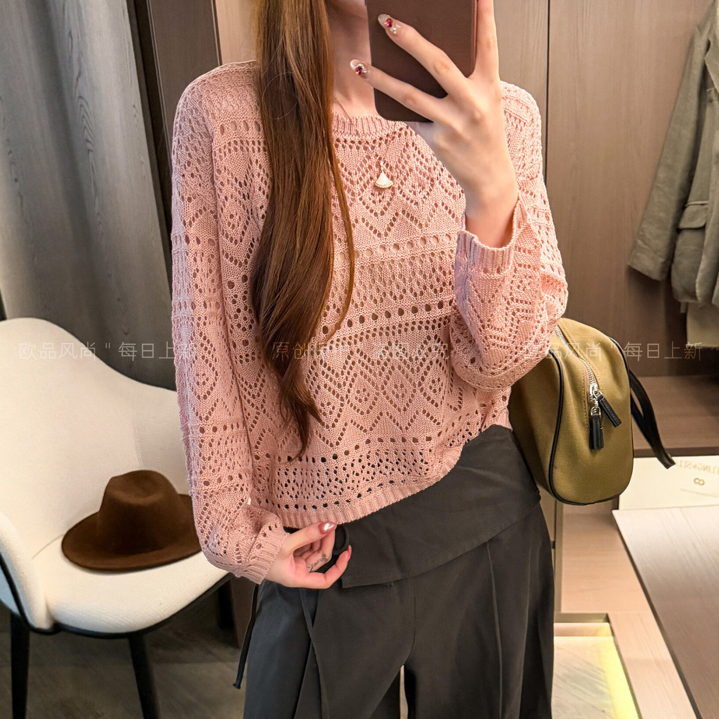镂空钩花长袖冰丝针织衫女欧洲站