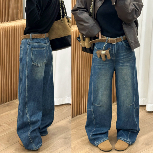 加厚直筒裤 配挂件拖地加绒牛仔裤 欧货女装 新款 潮 女欧洲站2025冬装