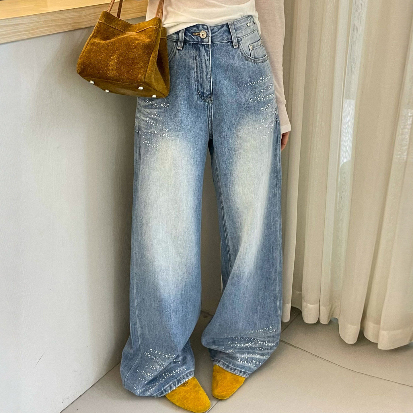 重工烫钻拖地阔腿牛仔裤女欧洲站2026春装新款欧货女装直筒裤子潮