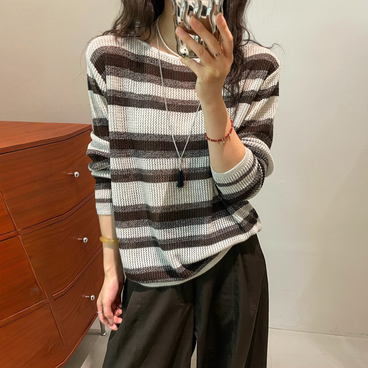 撞色条纹细羊毛针织衫女欧货上衣