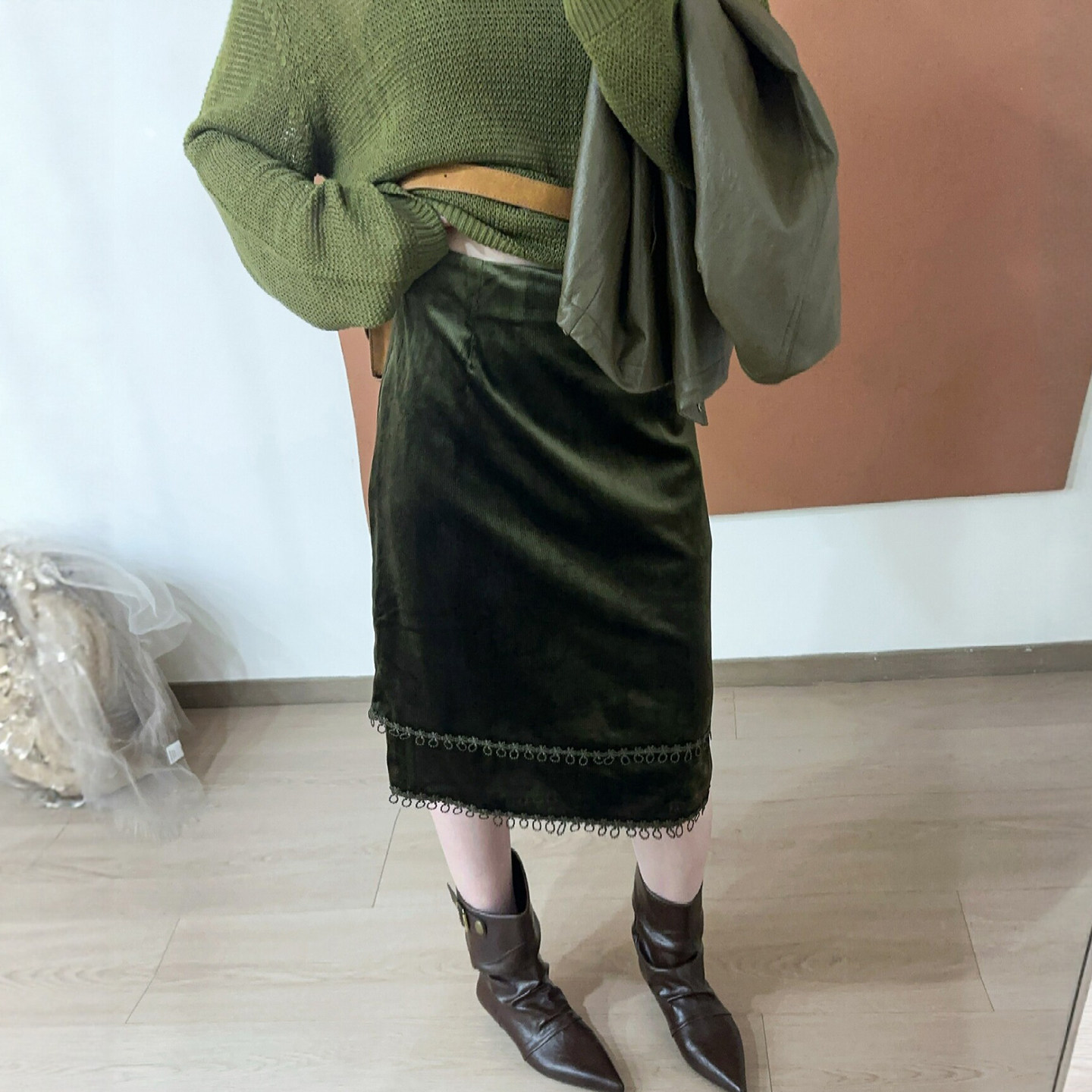 假两件A字金丝绒半身裙女欧洲站