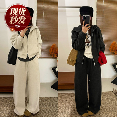 连帽加绒卫衣开衫阔腿裤两件套装