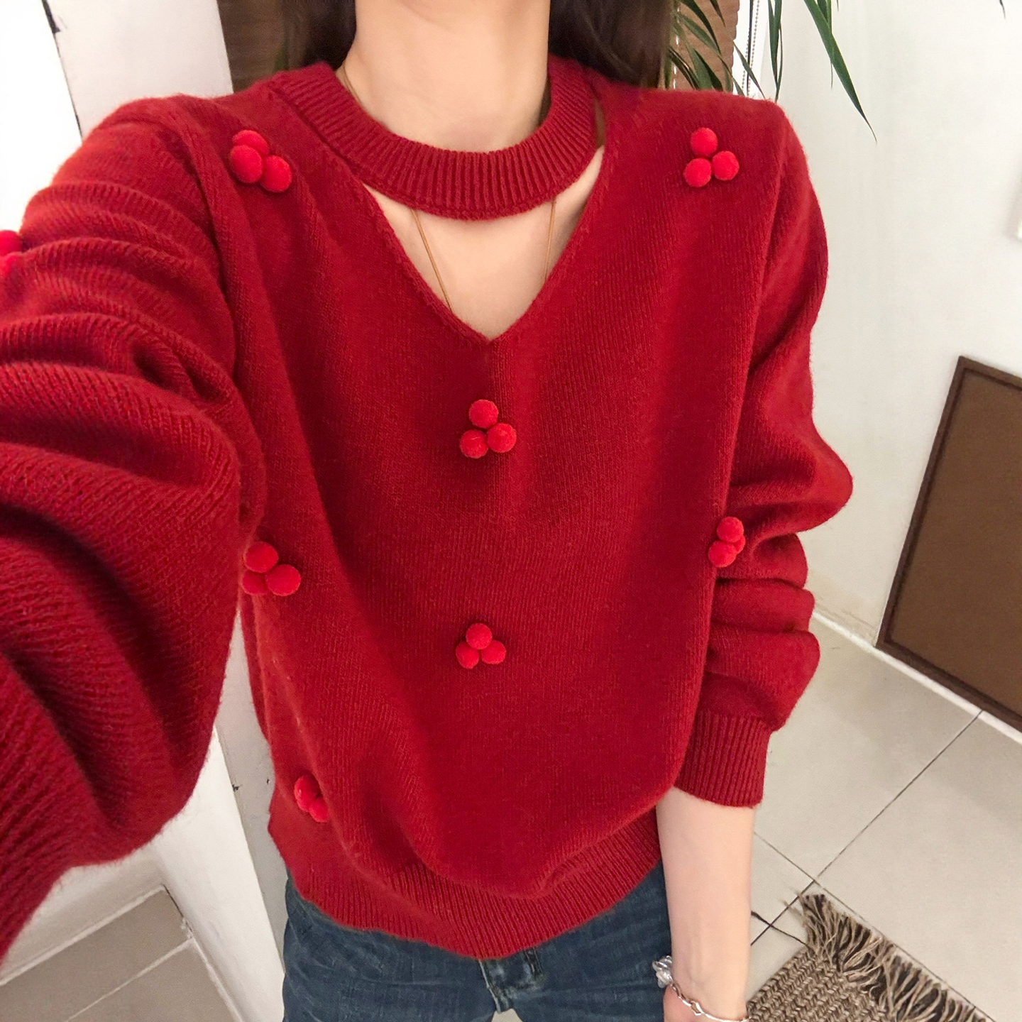 小心机镂空挂脖羊毛针织衫欧洲站