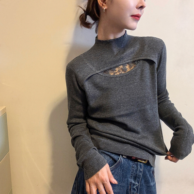 蕾丝镂空半高领羊毛针织衫女欧货