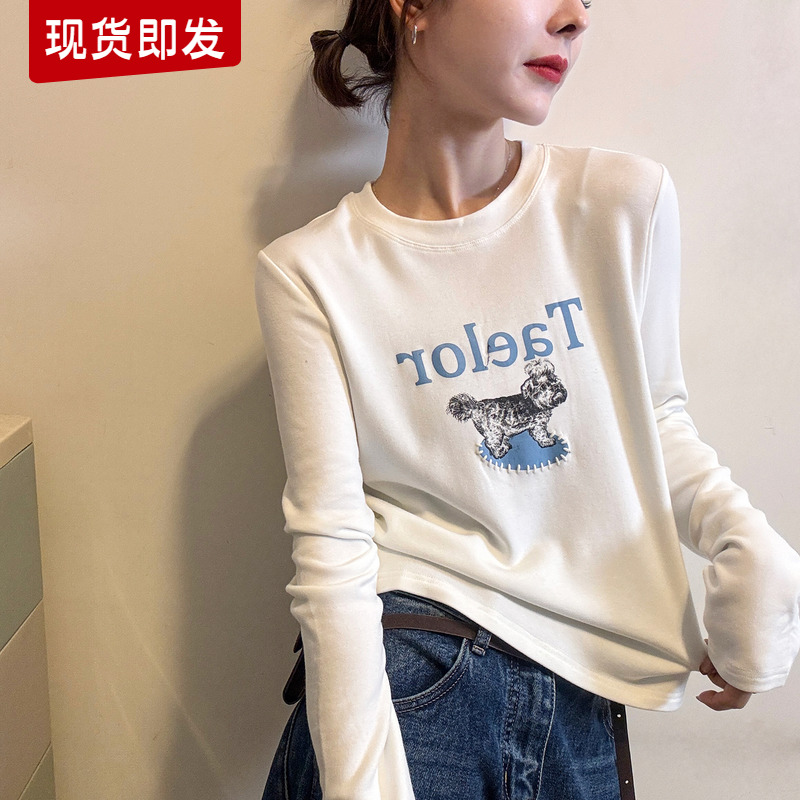 狗狗字母印花磨毛T恤女欧洲站2025冬装新款欧货女装加厚打底衫潮