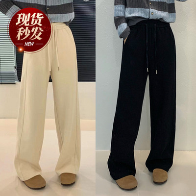 拖地加绒羊毛呢阔腿裤女欧货裤子