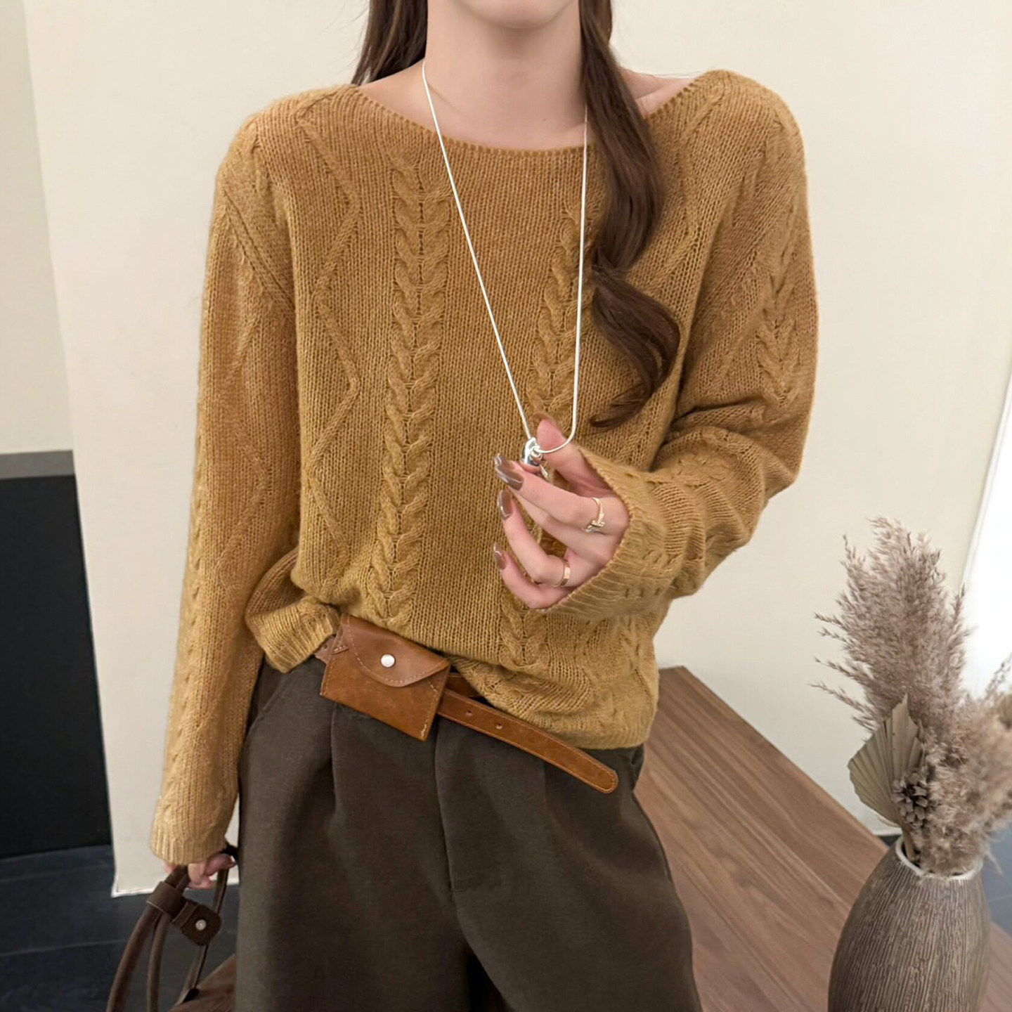 复古麻花纹山羊绒针织衫女欧洲站