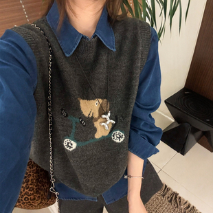 欧货潮 新款 小狗刺绣羊毛针织马甲牛仔衬衫 两件套女欧洲站2025冬装