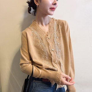 蕾丝拼接V领羊毛针织开衫女欧洲站2026春装新款欧货女装打底衫潮