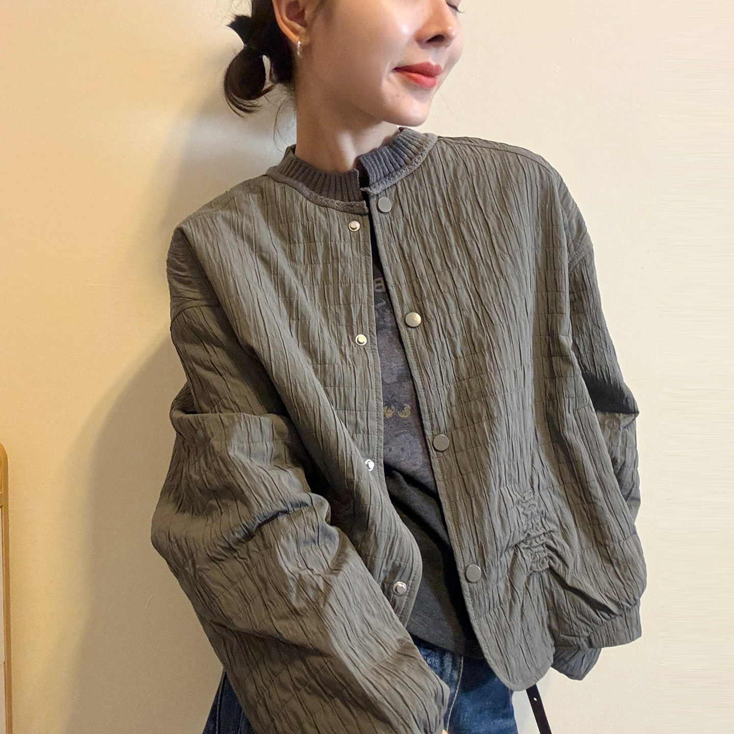 肌理感立领棒球服外套女欧货上衣