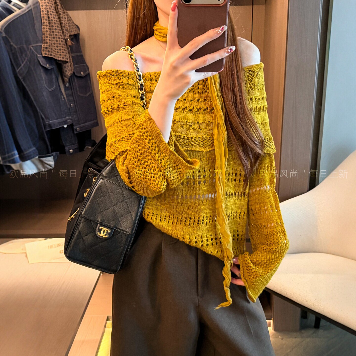 配丝巾镂空钩花羊毛针织衫女欧货