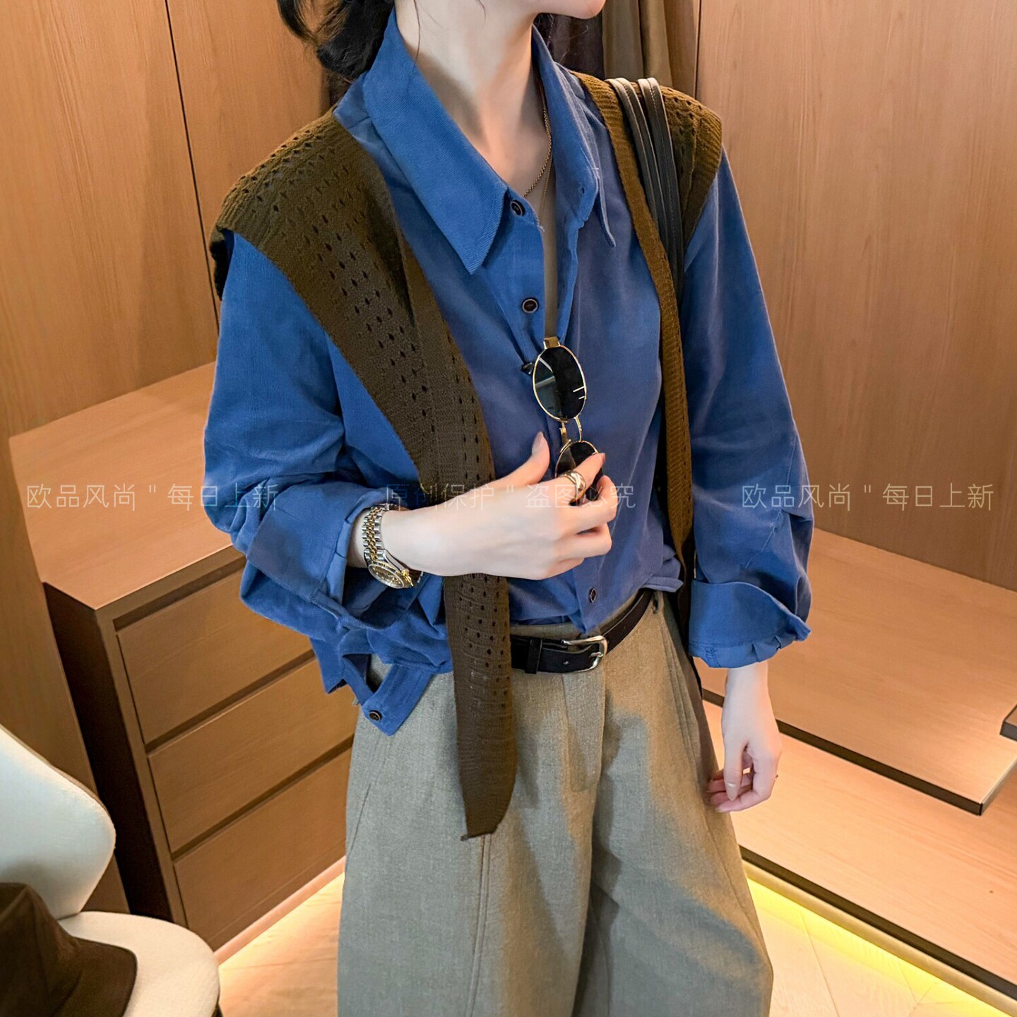 配披肩灯芯绒工装衬衫女欧货上衣图片