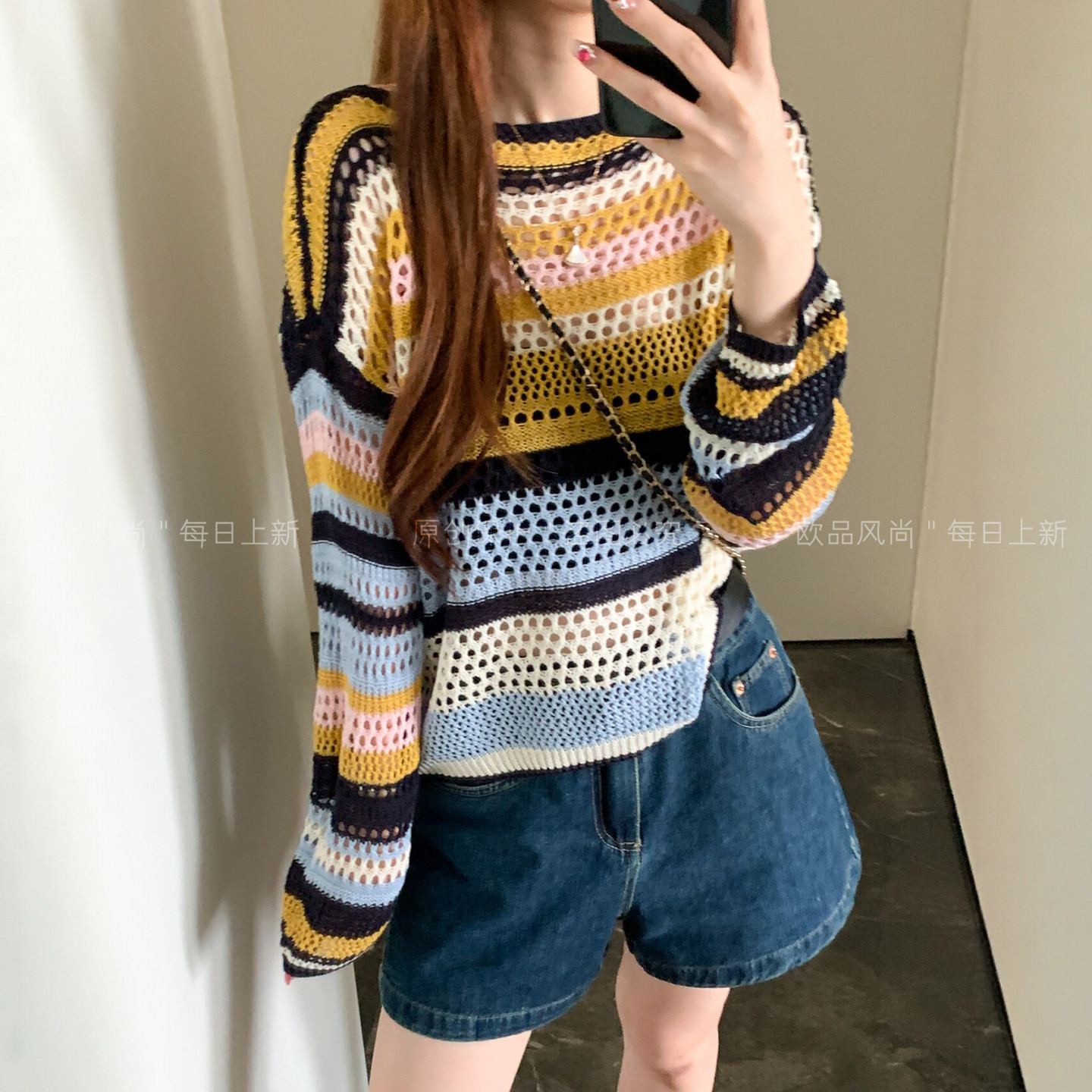 彩色条纹镂空冰丝针织衫女欧洲站
