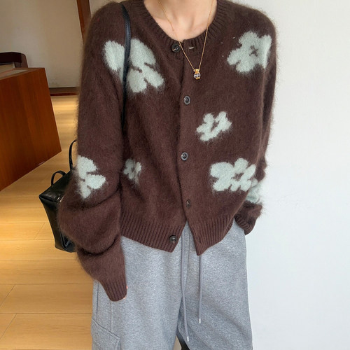 复古花朵羊毛拉绒针织开衫女欧货