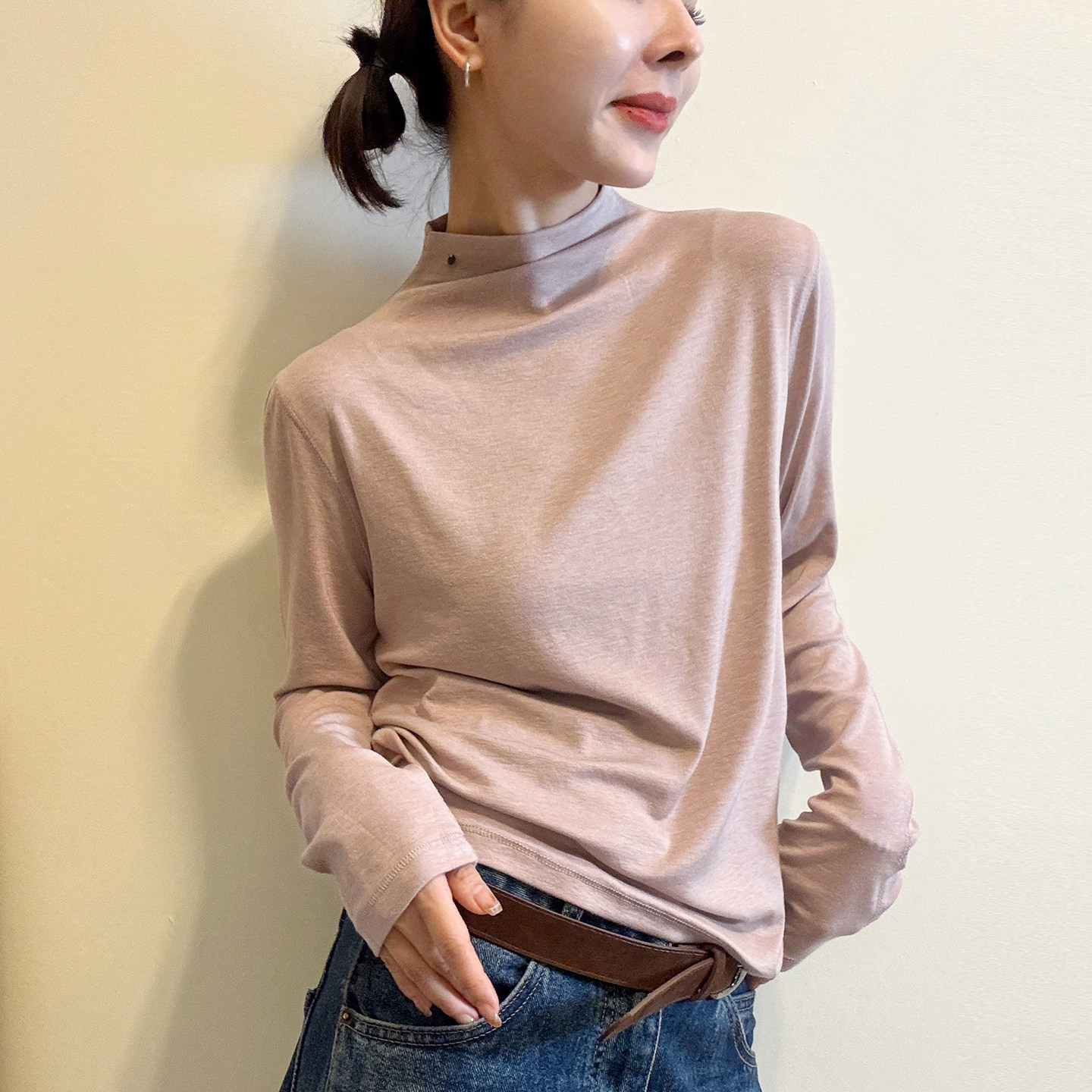 小半高领磨毛长袖T恤女欧货上衣