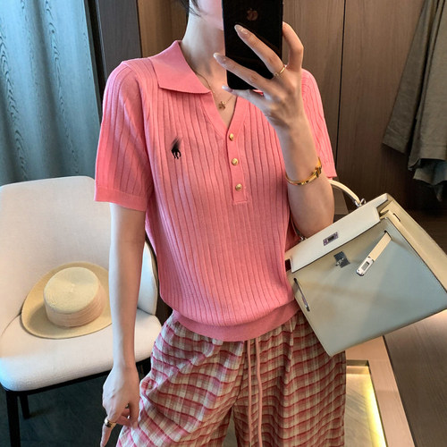 POLO领金扣刺绣冰丝针织衫女欧货
