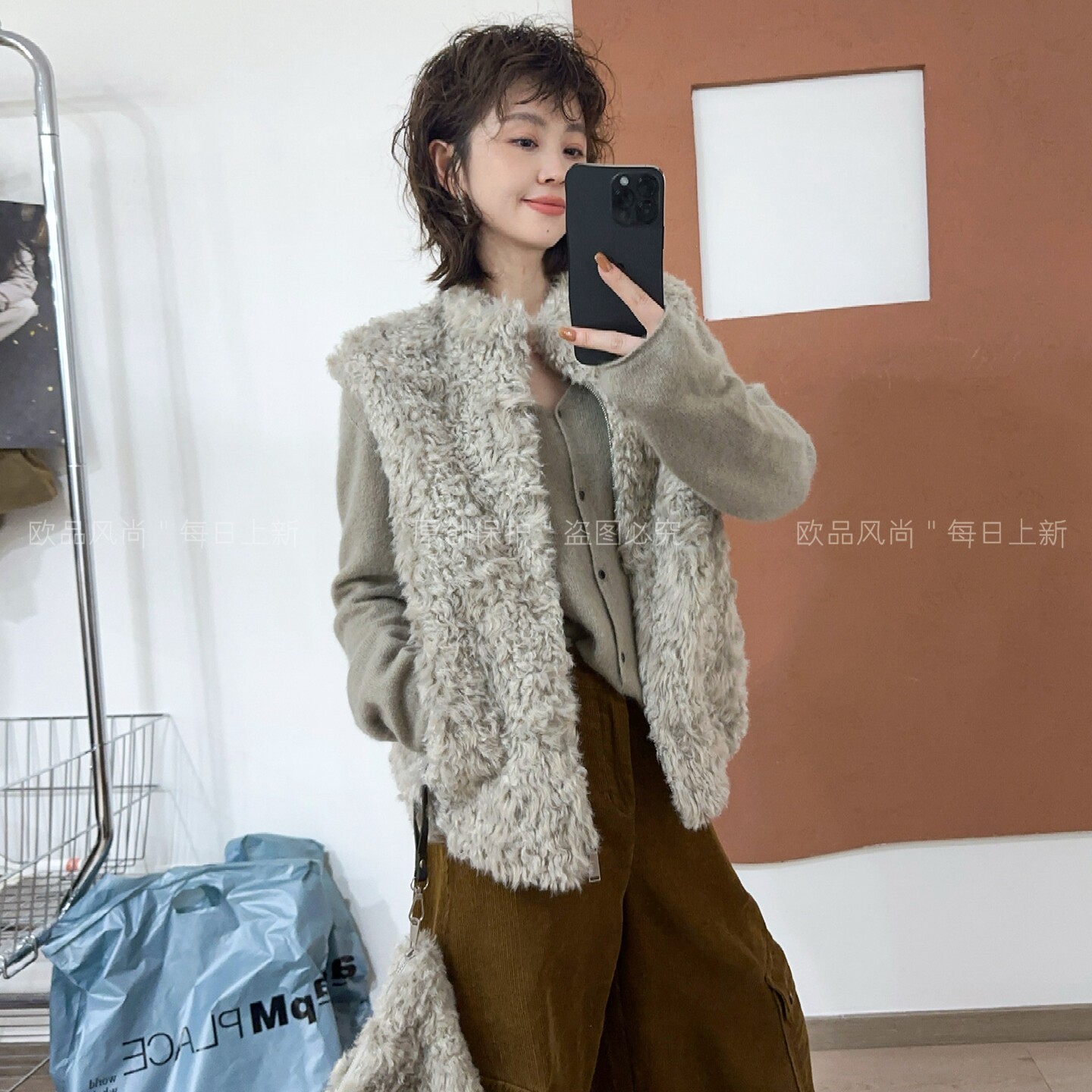 羊羔毛皮毛一体马甲外套女欧洲站