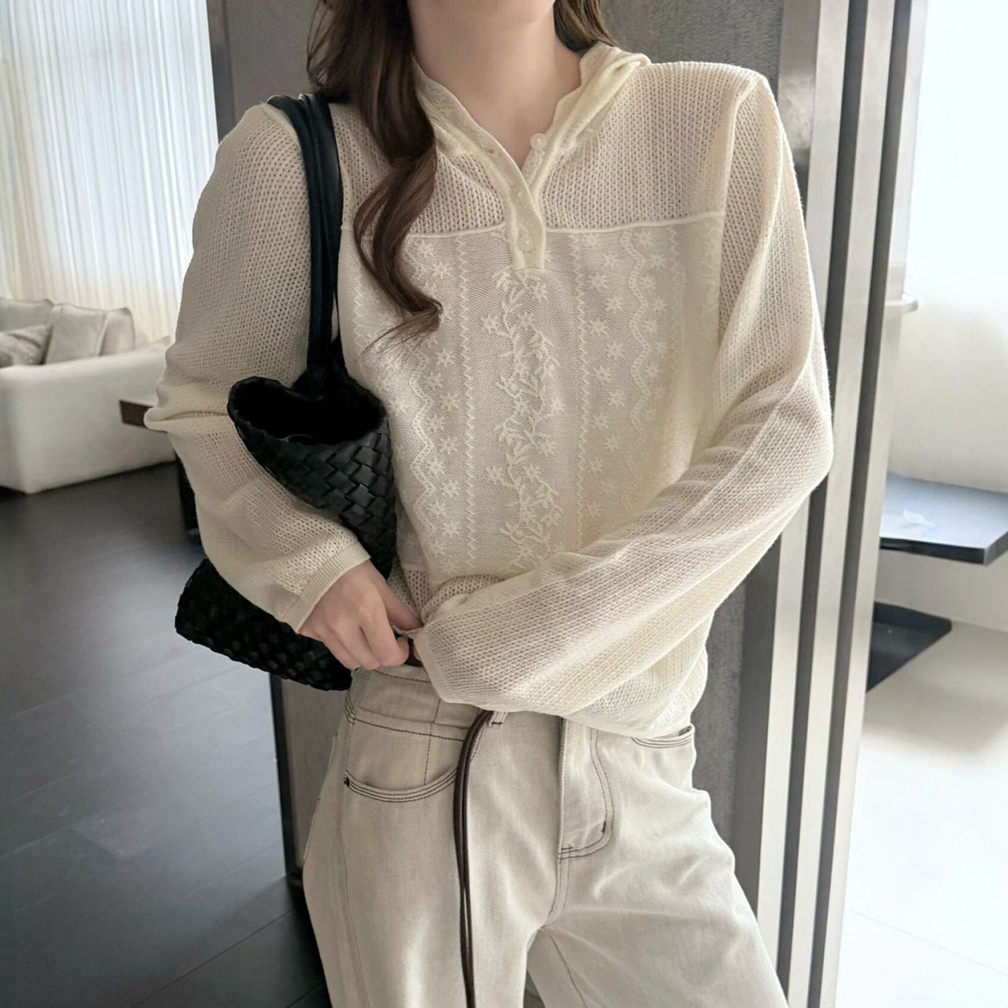 蕾丝钩花连帽羊毛针织衫女欧洲站