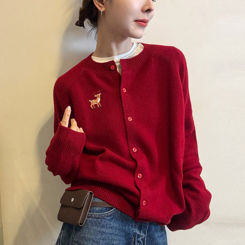 小鹿刺绣细羊毛针织开衫女欧洲站