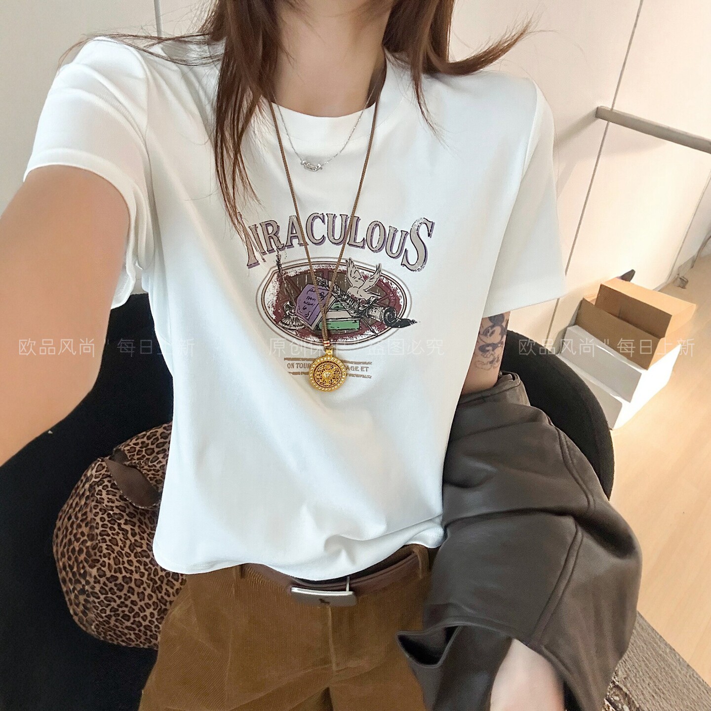 复古印花小版短袖T恤女欧洲站潮