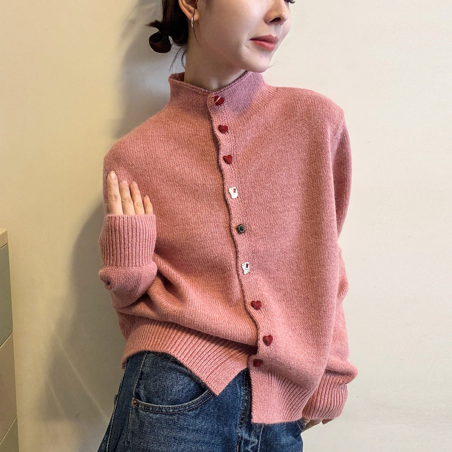 爱心纽扣细羊毛针织开衫女欧洲站