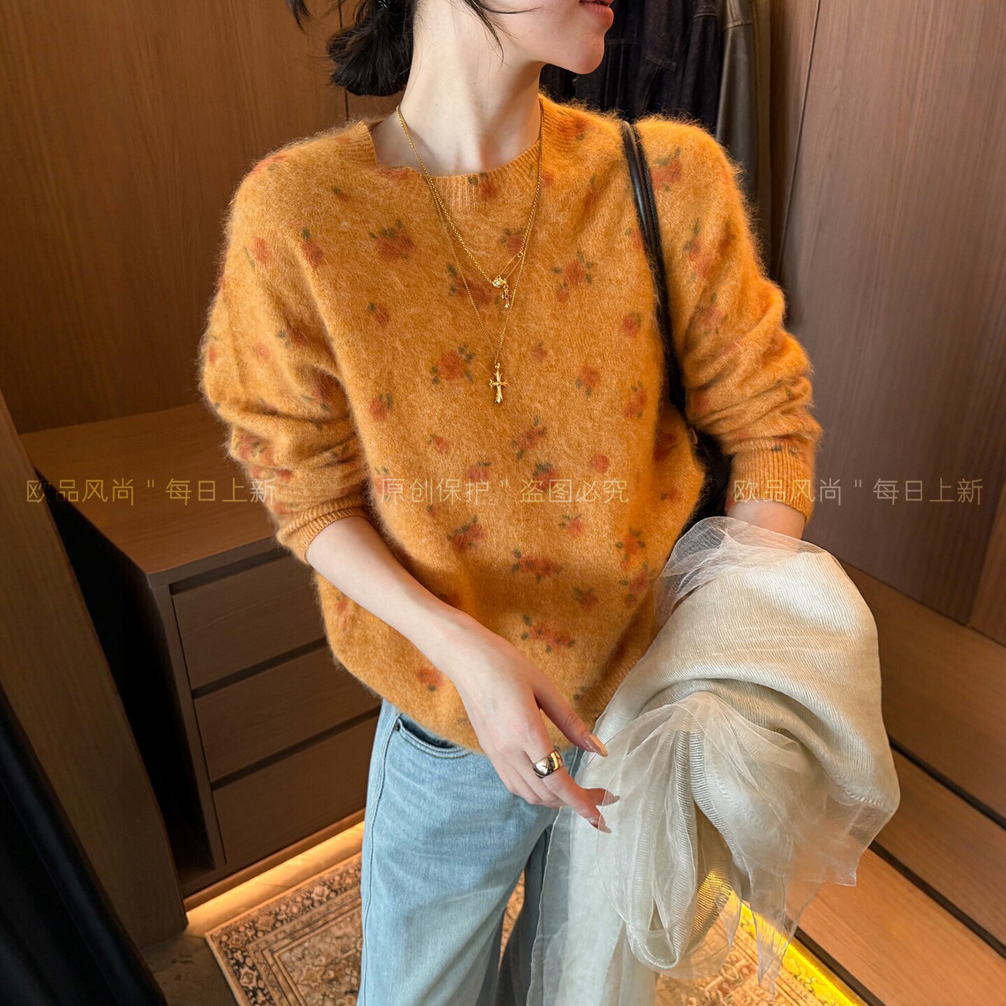 复古碎花羊毛拉绒针织衫女欧洲站